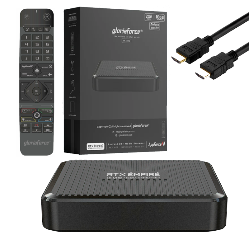 Gloriaforce RTX EMPIRE 4K UHD Android 11 IP-Receiver HDR10+, Dual-WiFi, LAN, MicroSD, HDMI 1 Gloriaforce RTX EMPIRE 4K UHD Android 11 IP-Receiver HDR10+, Dual-WiFi, LAN, MicroSD, HDMI
