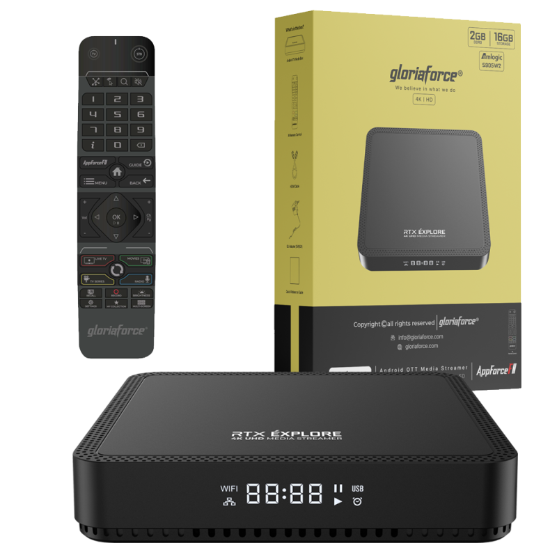 Gloriaforce RTX Explore 4K UHD Android 11 IP-Receiver HDR10+, Dual-WiFi, LAN, MicroSD, HDMI 1 Gloriaforce RTX Explore 4K UHD Android 11 IP-Receiver HDR10+, Dual-WiFi, LAN, MicroSD, HDMI