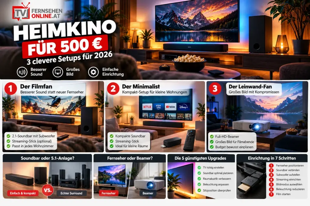 Heimkino für 500 Euro einrichten: So wird dein Wohnzimmer zum Kino 10 Heimkino-Vergleich mit Soundbar, Surround-Anlage, Fernseher und Beamer
